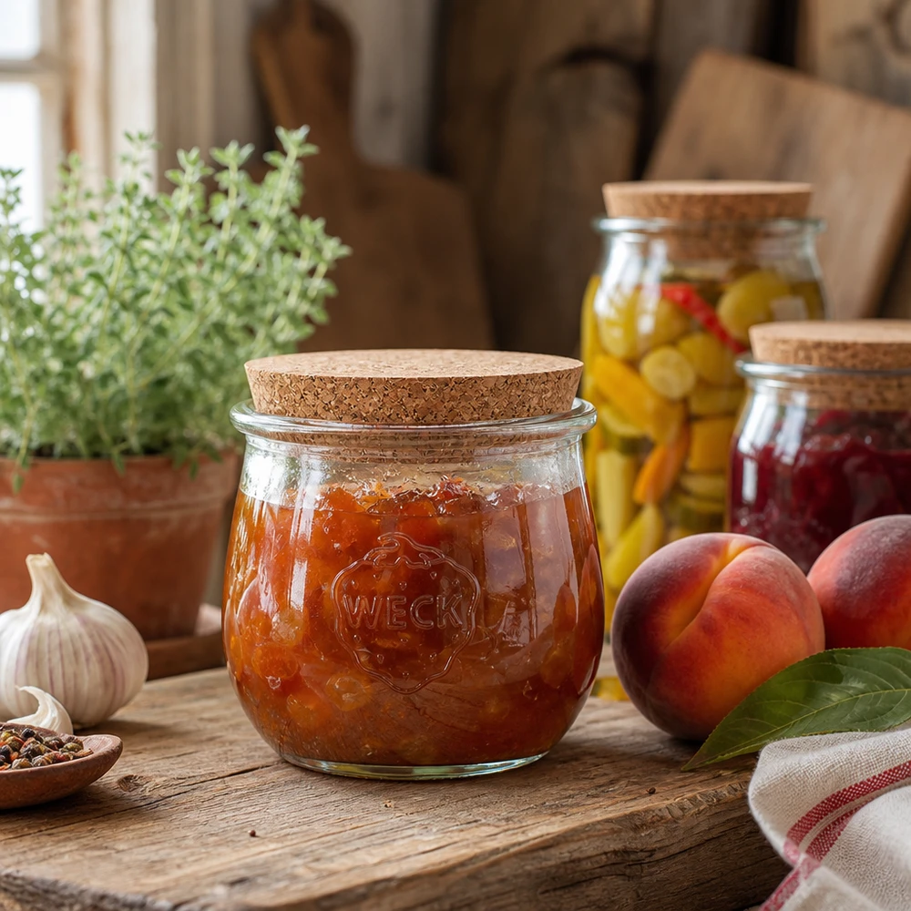 Słoik do przetworów WECK 370ml z korkową pokrywką wypełniony dżemem w rustykalnej kuchni obok świeżych brzoskwiń