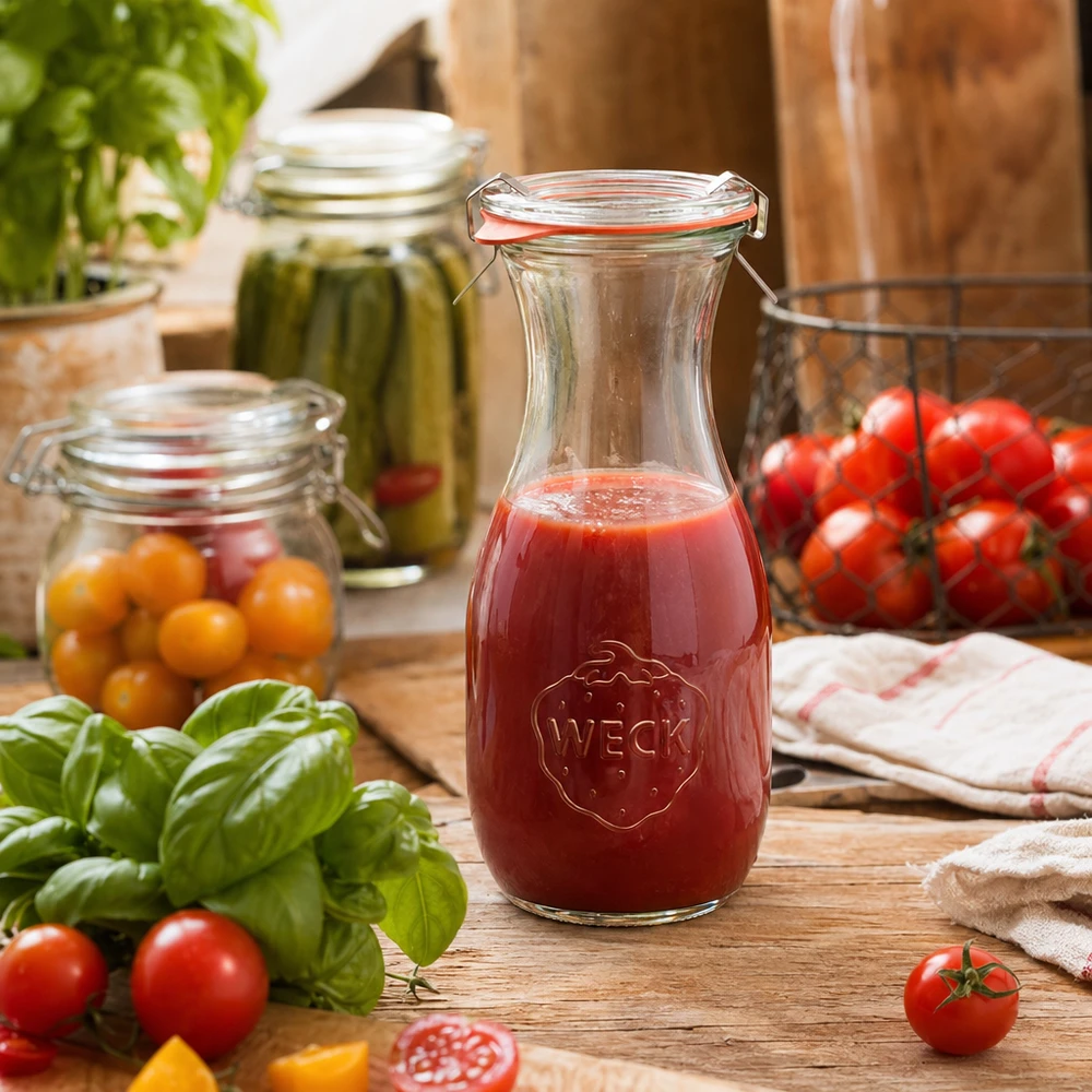 Kompletny zestaw do butelki na sok o pojemności 530 ml WECK RR60 Butelka soku WECK 530ml z sokiem pomidorowym na drewnianym stole w otoczeniu świeżych pomidorów i bazylii w kuchni