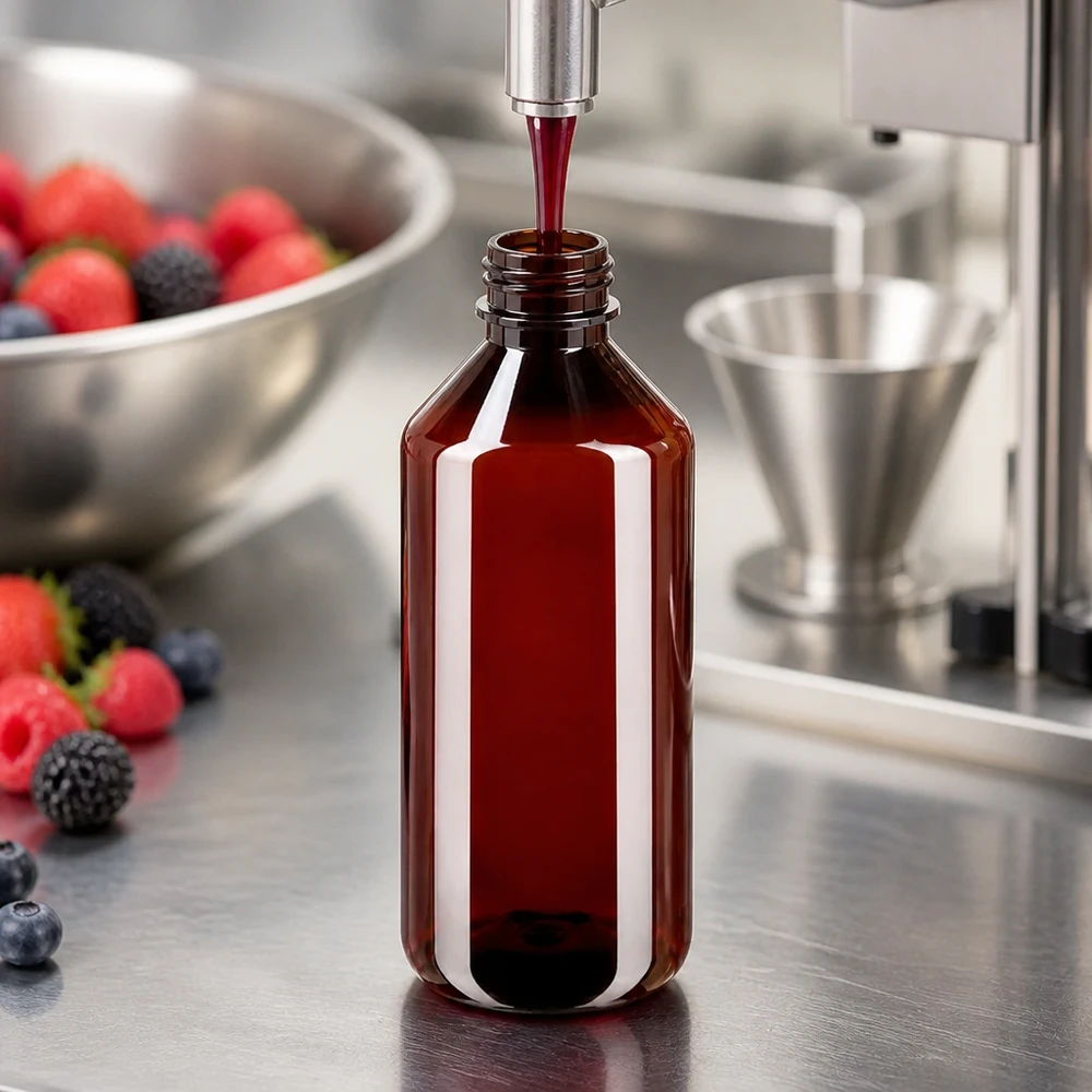 Butelka PET 1000ml z niebieską nakrętką OV Brązowa okrągła butelka PET o pojemności 1000 ml podczas napełniania ekstraktem z czerwonych jagód w kuchni ze stali nierdzewnej