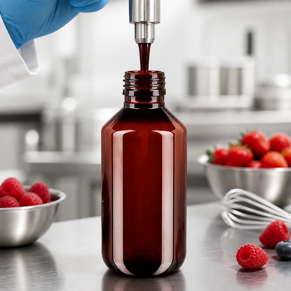 Butelka PET 200ml PP28 bez zakrętki Brązowa butelka PET o pojemności 200 ml, typu PP28, jest napełniana maszynowo czerwonym sokiem owocowym w ramach produkcji spożywczej