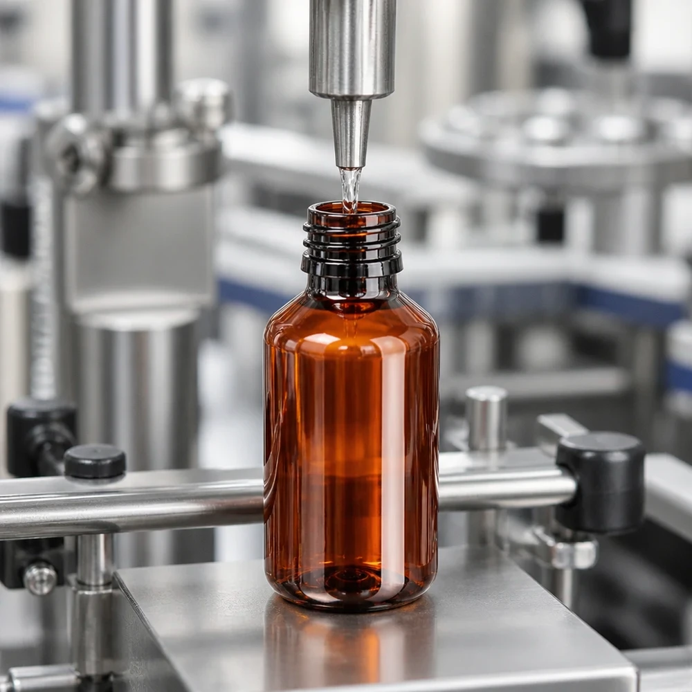 Linia rozlewnicza napełnia brązowe butelki PET o pojemności 100 ml z gwintem PP28 w produkcji farmaceutycznej
