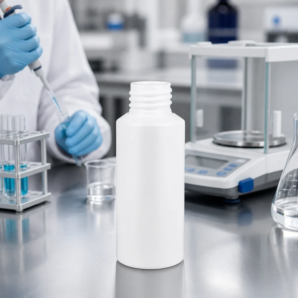 Biała butelka apteczna z HDPE o pojemności 30 ml bez nakrętki na wadze laboratoryjnej w profesjonalnym laboratorium
