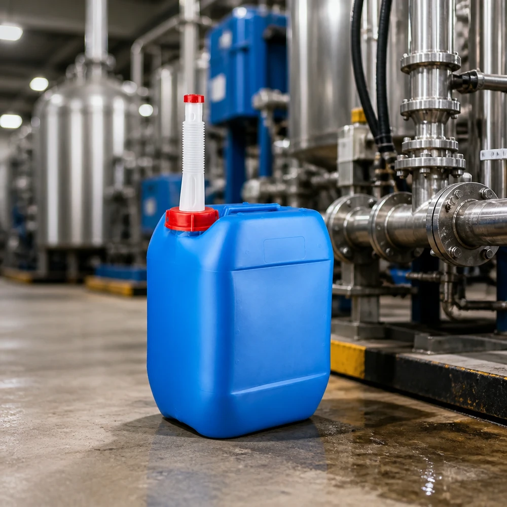 Kanister 10 litrów niebieski z rurką spustową Flex Niebieski kanister przemysłowy o pojemności 10 l z białą rurką wylewową w nowoczesnym zakładzie produkcyjnym