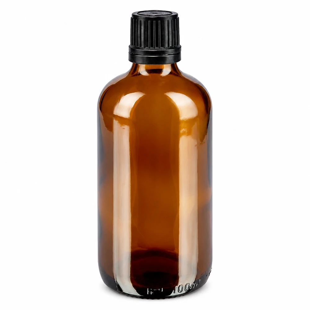 100 ml brązowa butelka apteczna ze szkła brązowego z czarnym zamknięciem zabezpieczającym oraz wkładem kroplomierzem o średnicy 1 mm