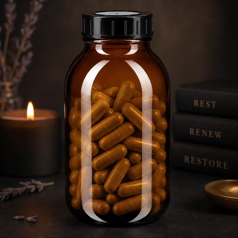 Butelka z szeroką szyjką o pojemności 500 ml z bursztynowego szkła z zakrętką Butelka z szeroką szyjką o pojemności 500 ml z bursztynowego szkła z czarnym wieczkiem, idealna do kapsułek i tabletek.