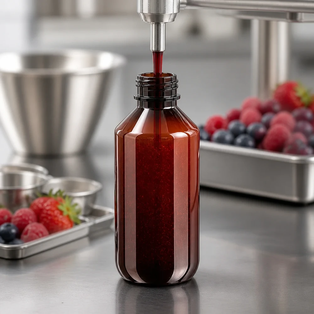 Butelka PET 200 ml z niebieską nakrętką OV Brązowa butelka PET o pojemności 200 ml z niebieskim zamknięciem typu OV jest napełniana maszynowo czerwonym sokiem owocowym
