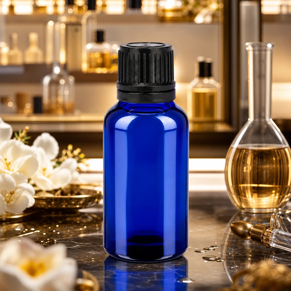 Butelka 20 ml 11 mm SV czarna OV BlueLine UT18/20 Wysokiej jakości butelka z niebieskiego szkła kobaltowego o pojemności 20 ml z czarną zakrętką do zastosowań laboratoryjnych