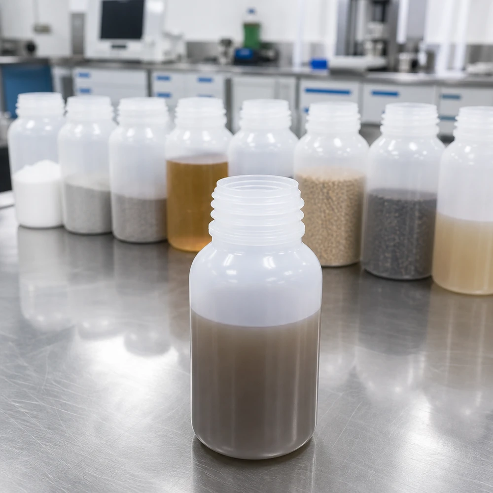 Zestaw pustych plastikowych butelek laboratoryjnych o szerokiej szyjce i pojemności 100 ml na powierzchni ze stali nierdzewnej w laboratorium
