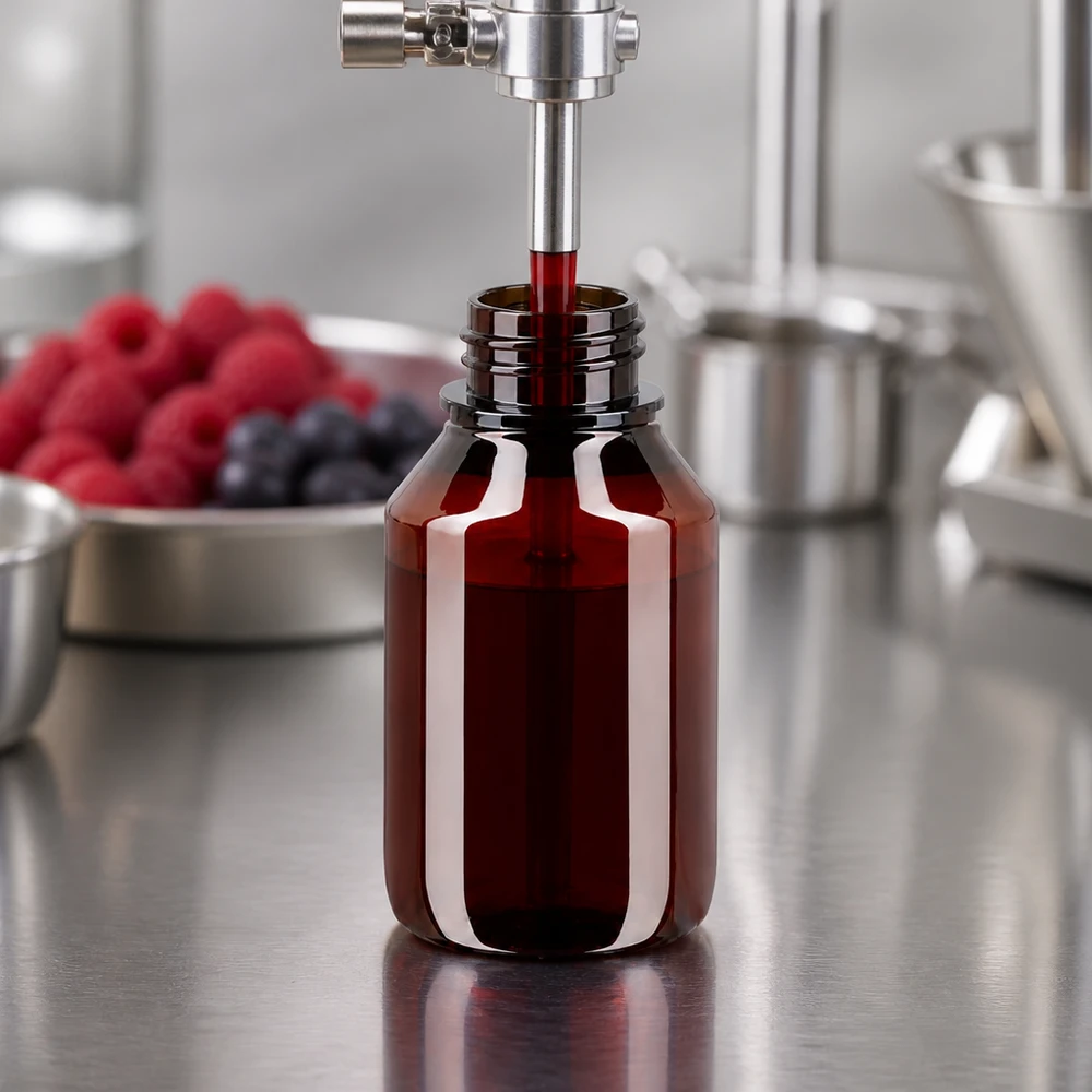 Butelka PET 50 ml z białym standardem OV Butelka PET o pojemności 50 ml w kolorze bursztynowym podczas maszynowego napełniania czerwonym sokiem jagodowym