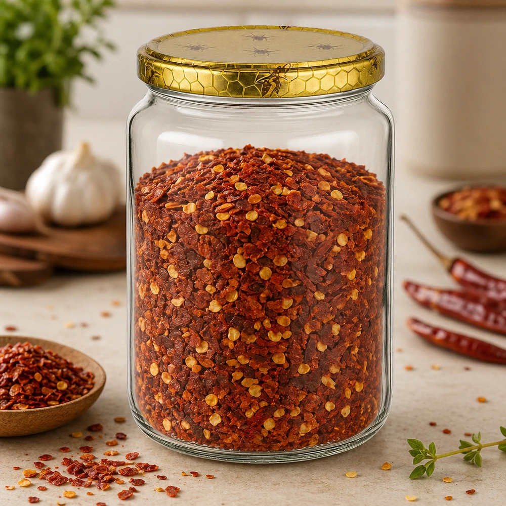 Słoik miodu 1000g z pokrywką w kształcie plastra miodu wypełniony płatkami chili i przyprawami na drewnianym stole Kuchnia Artykuły pszczelarskie