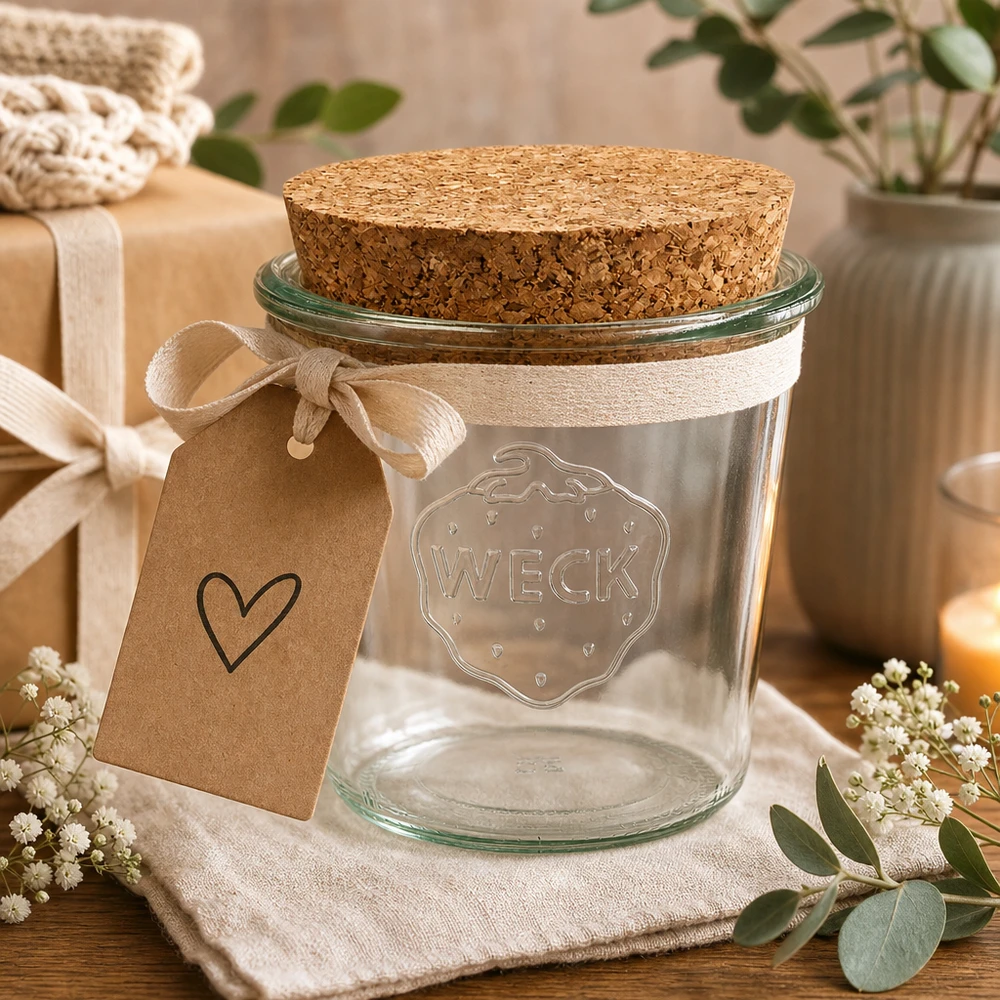Kubki WECK 580ml RR100 jako pomysł na prezent z zawieszką w kształcie serca i kokardą ułożoną w naturalną dekorację stołu