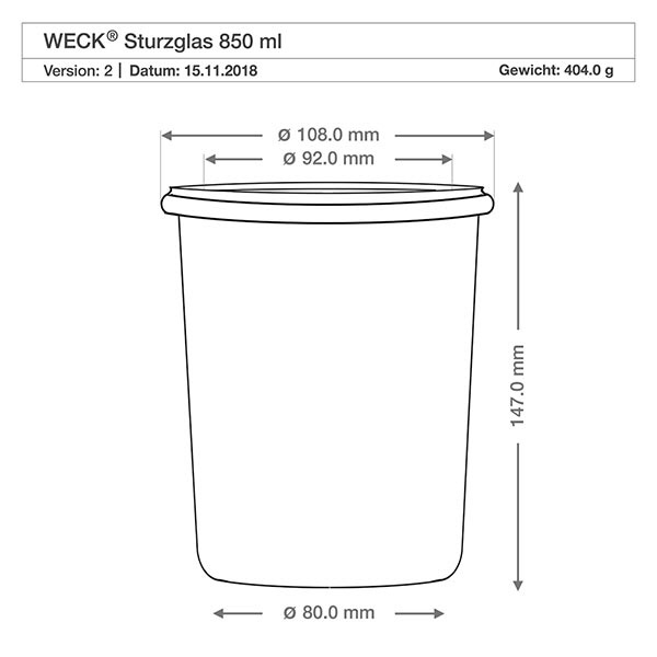 Kubki termiczne 850ml WECK RR100 z korkiem naturalne Kubki WECK 850ml RR100 rysunek techniczny z wymiarami średnica 108mm wysokość 147mm waga 404g