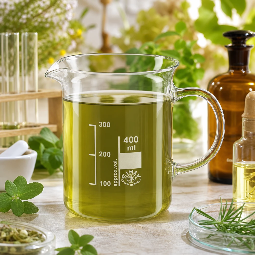 Zlewka 400 ml ze szkła borokrzemowego, z uchwytem Szklanka o pojemności 400 ml z uchwytem, wypełniona zielonym ekstraktem ziołowym, szkło borokrzemowe, kosmetyki naturalne