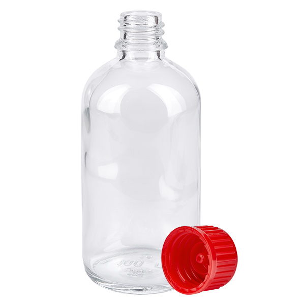 Butelka 100 ml 11 mm SV czerwona STD ClearLine UT18/100 Butelka ze szkła przezroczystego o pojemności 100 ml z czerwoną zakrętką 11 mm ClearLine UT18/100, pusta
