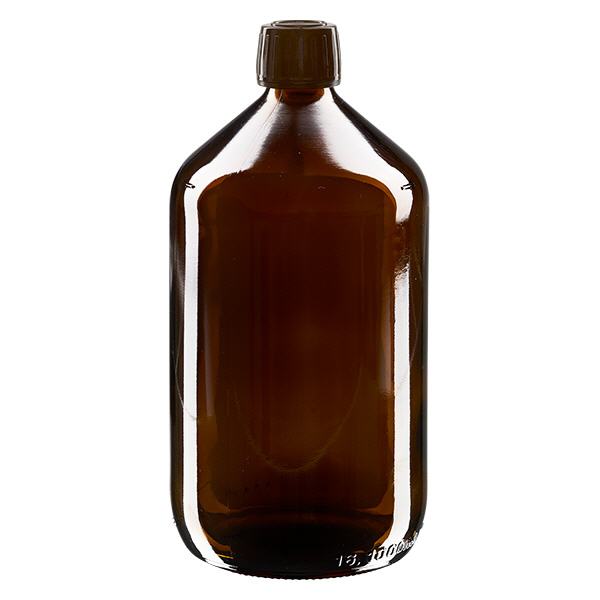 Butelka na lek 1000 ml br&#261;zowa, zakr&#281;tka br&#261;zowa z pier&#347;cieniem ApoGlas umo&#380;liwiaj&#261;cym &#322;atwe manipulowanie. Farmaceutyczna jako&#347;&#263; produkcji UE. Gwint 28 mm (PP28). (syrop, butelka z lekkiego szk&#322;a)