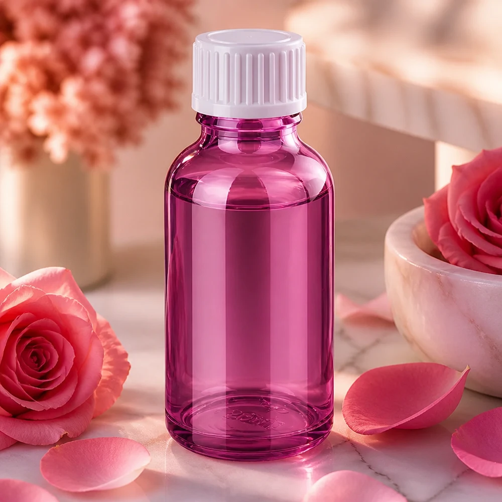 Kompaktowa szklana butelka 30 ml w kolorze fioletowym z zakraplaczem do kosmetyków i serum DIY
