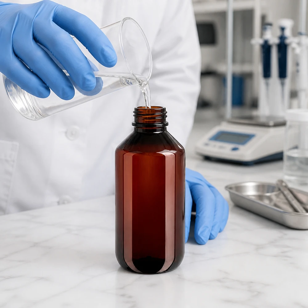 Butelka PET 200 ml z białą/czerwoną nakrętką OV Laborant napełnia brązową butelkę PET o pojemności 200 ml przezroczystym płynem z zlewki