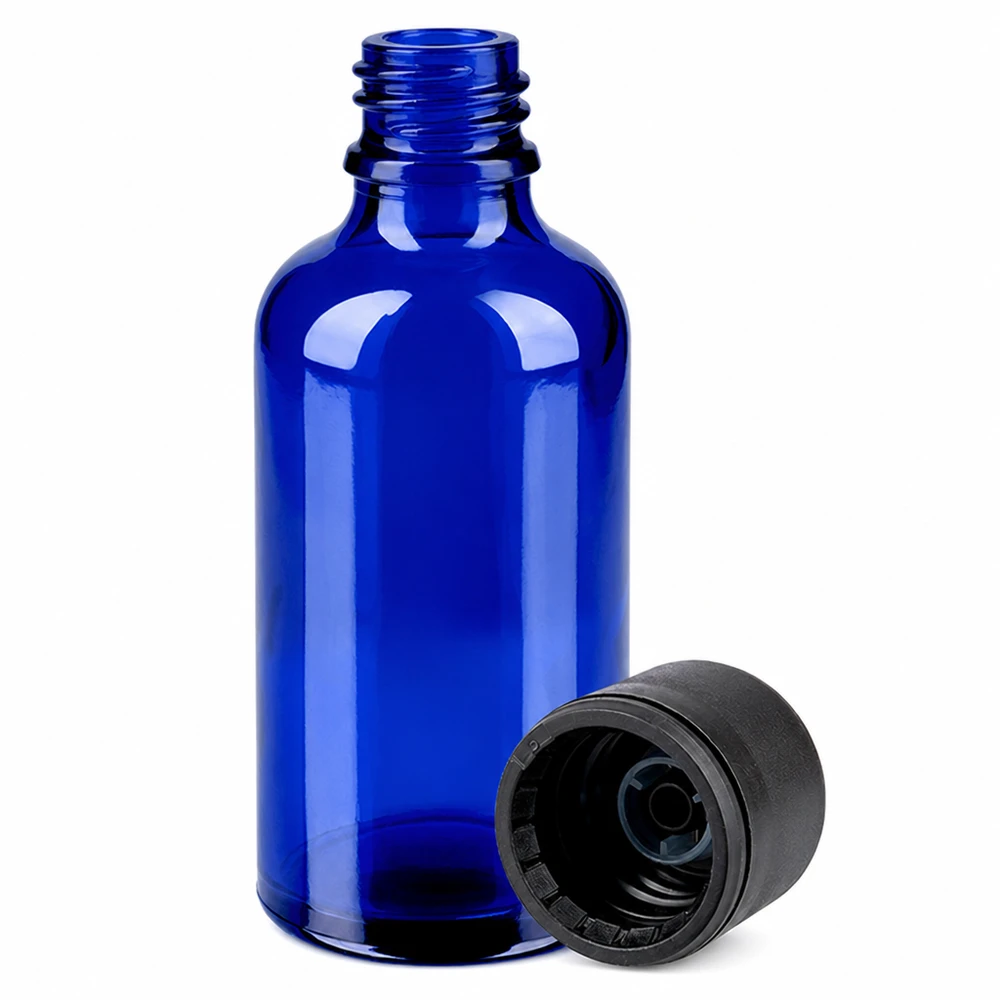 50 ml butelka aptekarska z niebieskiego szkła z zakrętką do aromaterapii i kosmetyków naturalnych