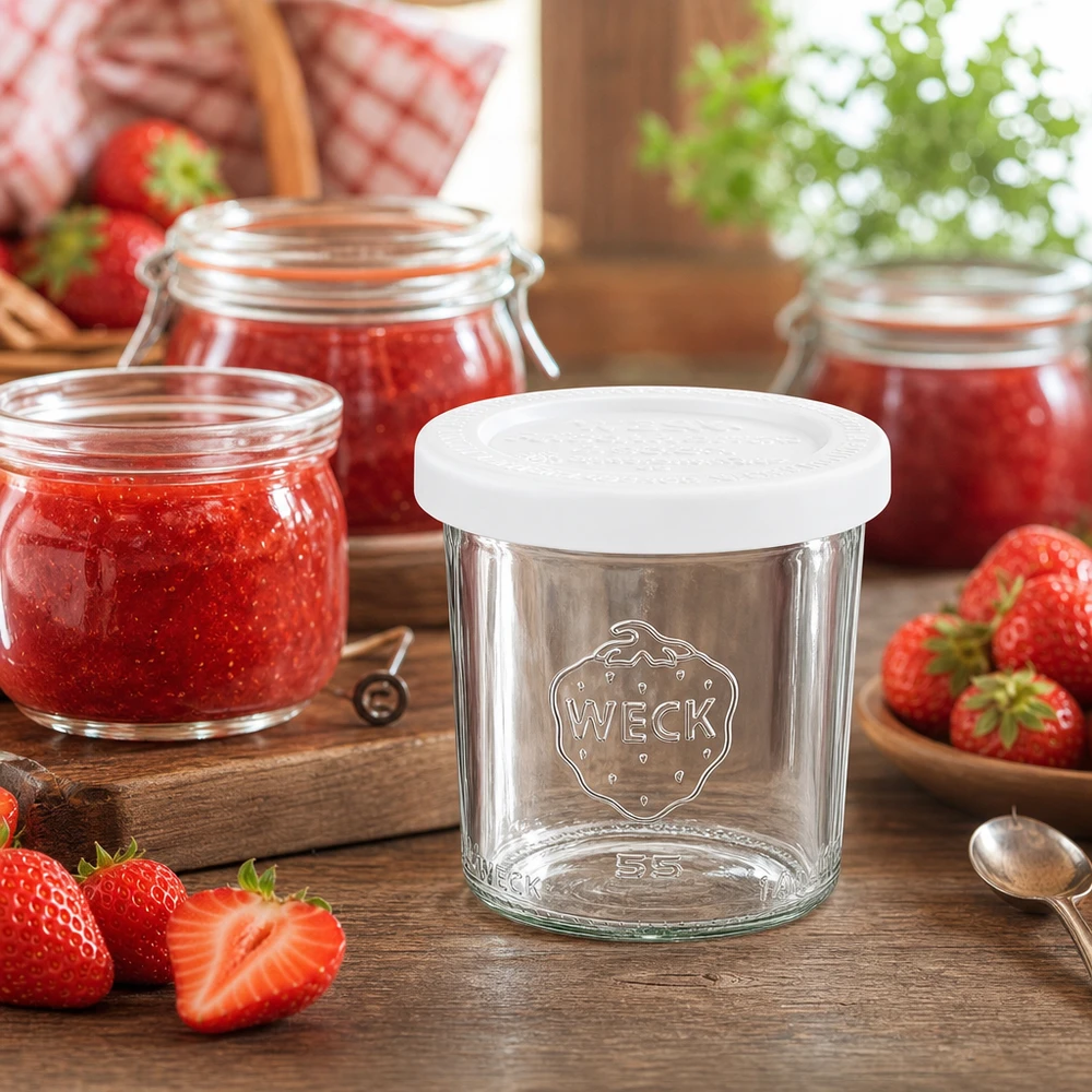 Słoik o pojemności 140 ml z pokrywką zachowującą świeżość WECK RR60 Słoik na przetwory WECK 140ml z truskawkami i dżemem na drewnianym stole - kubeczki RR60 na dżemy i smarowidła