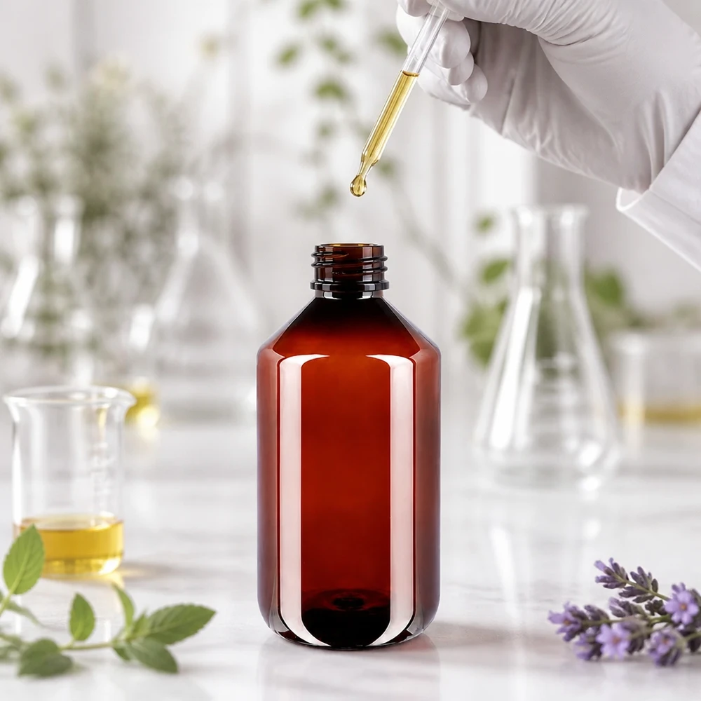 Brązowa butelka PET o pojemności 500 ml z zamknięciem zabezpieczającym w środowisku laboratoryjnym