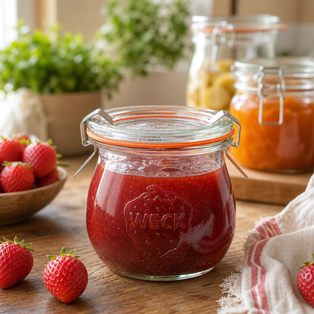 Słoik WECK tulipan 75 ml wypełniony dżemem truskawkowym w rustykalnej scenerii kuchennej ze świeżymi truskawkami i słoikami dżemu