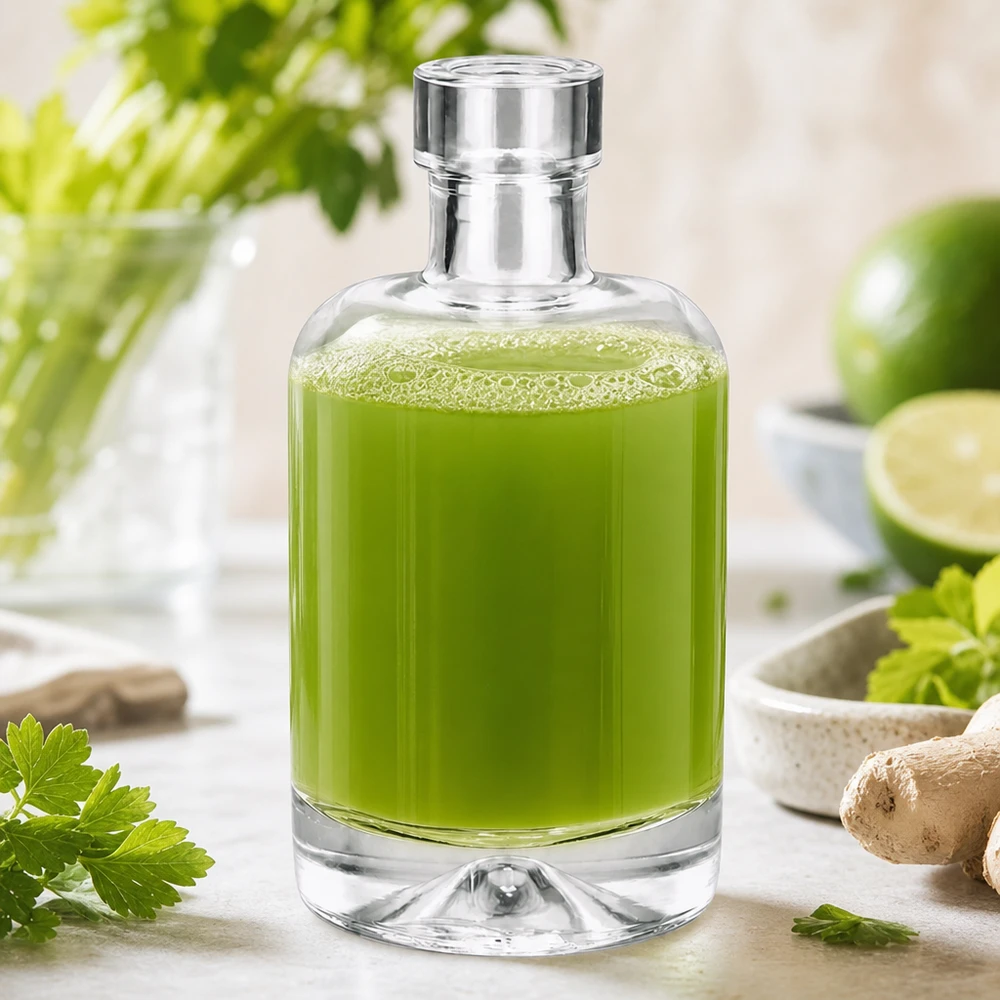 Szklana butelka 50 ml 50ml Glasflasche "Amelie" ohne Verschluss UNiTWIST bez zamknięcia UNiTWIST® 50 ml szklana butelka Amelie wypełniona zielonym ekstraktem ziołowym obok świeżych ziół i limonki pokazuje naturalne zastosowanie kosmetyków