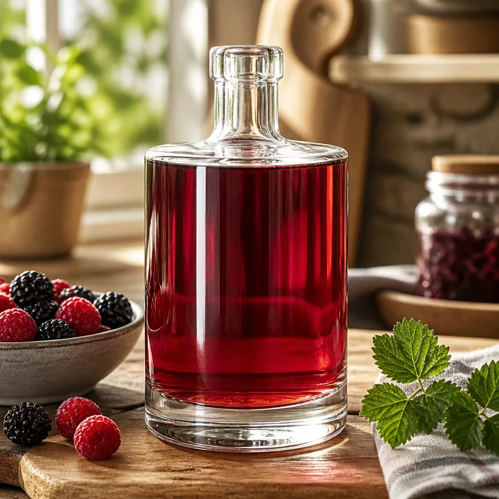 Szklana butelka Marie 500 ml bez zamknięcia UNiTWIST® 500ml Glasflasche Marie gefüllt mit rotem Beerenlikör umgeben von frischen Himbeeren und Brombeeren als Dekoidee