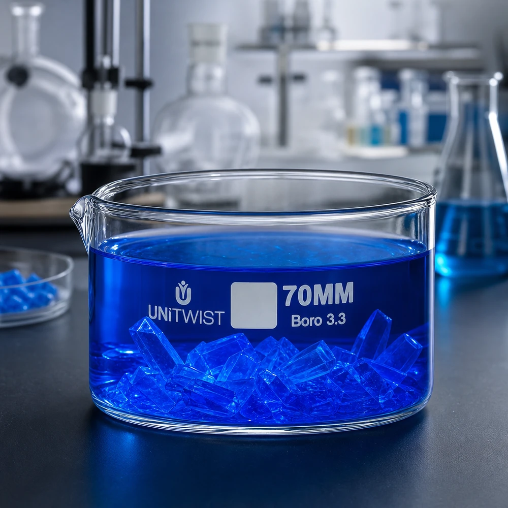 Miska do krystalizacji 70 mm UNiTWIST ze szkła borokrzemowego 3.3 z niebieskim roztworem i kryształami w laboratorium
