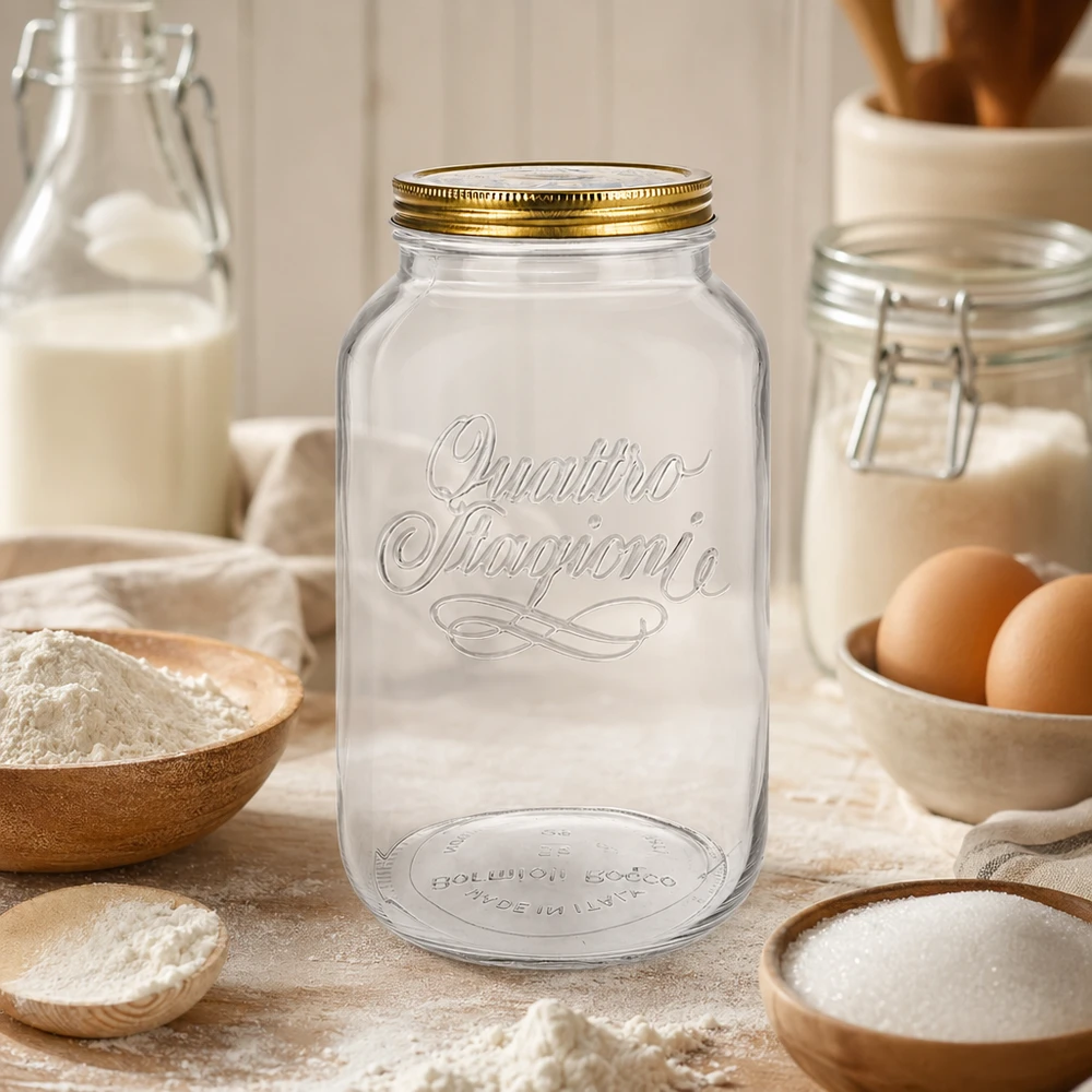 Słoik okrągły 3800 ml „Quattro Stagioni” z pokrywką Okrągły słoik Quattro Stagioni 3800 ml w rustykalnej kuchni otoczony składnikami do pieczenia, mąką, jajkami i mlekiem