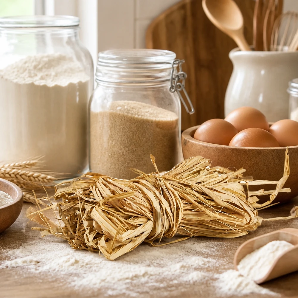 Naturalna rafia 30g złoto-beżowa jako pomoc kuchenna do makaronu pęczkowego obok jajek i mąki wykazuje tradycyjne zastosowanie