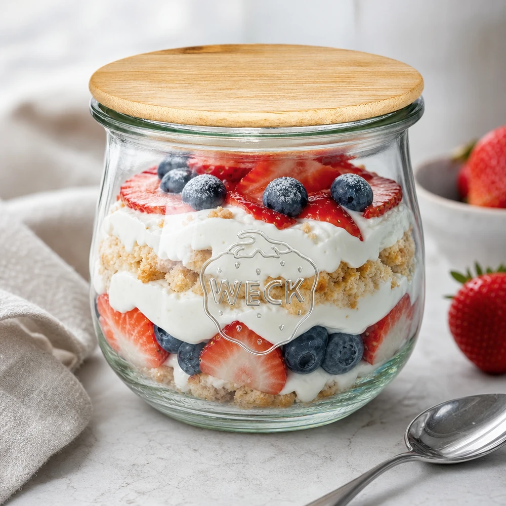 WECK tulipan słoik 370ml RR80 z drewnianą pokrywką jako słoik deserowy wypełniony jagodowym trifle i kremem na białej powierzchni