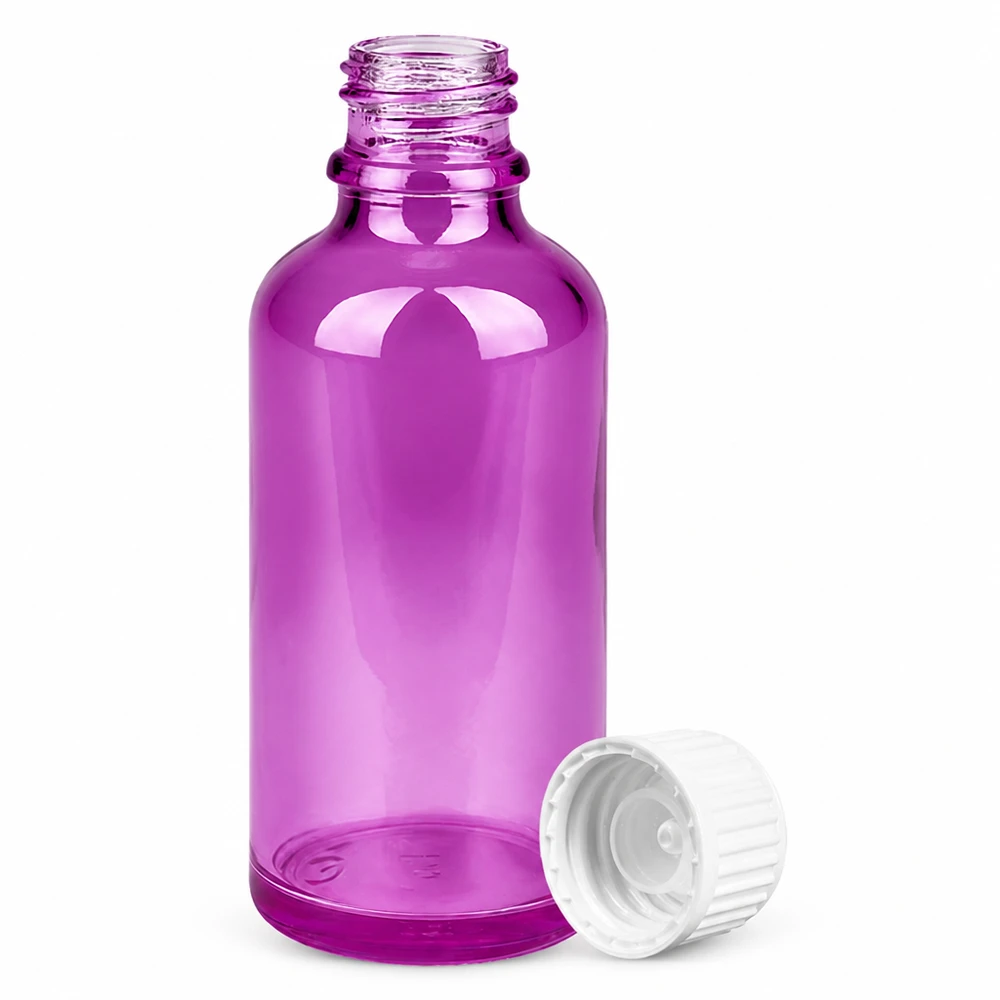 Butelka 50 ml (kuleczka) z pierścieniem nalewowym 3 mm, biała Standard PurpleLine. UT18/50 Fioletowa szklana butelka o pojemności 50 ml z białą nakrętką na olejki eteryczne i serum
