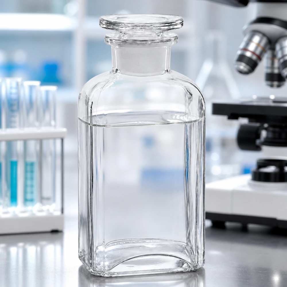 Kwadratowa butelka 250 ml z przezroczystym szklanym korkiem z szeroką szyjką Butelka kwadratowa o pojemności 250 ml, z przezroczystego szkła, z szeroką szyjką i szklanym korkiem, stojąca na stole laboratoryjnym obok mikroskopu