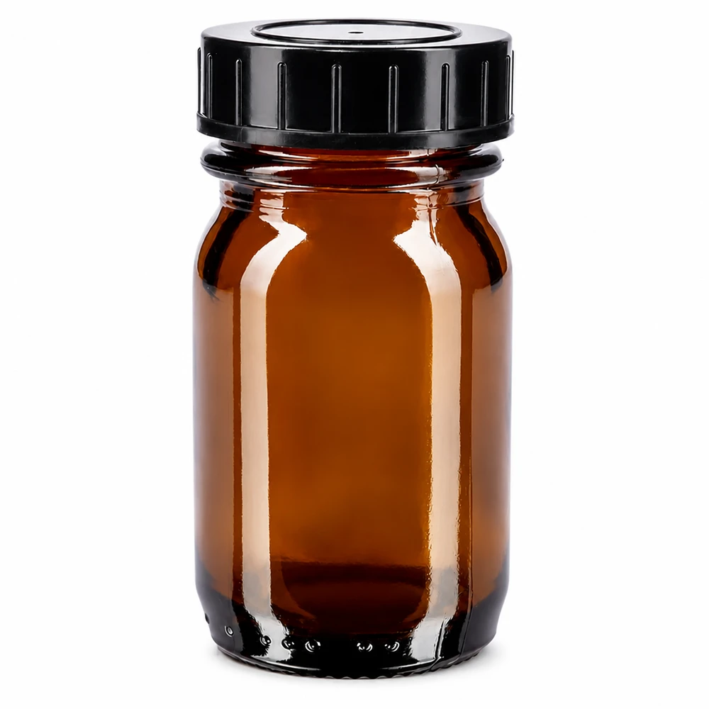 30 ml butelka z szeroką szyjką wykonana z bursztynowego szkła z czarną zakrętką do bezpiecznego przechowywania