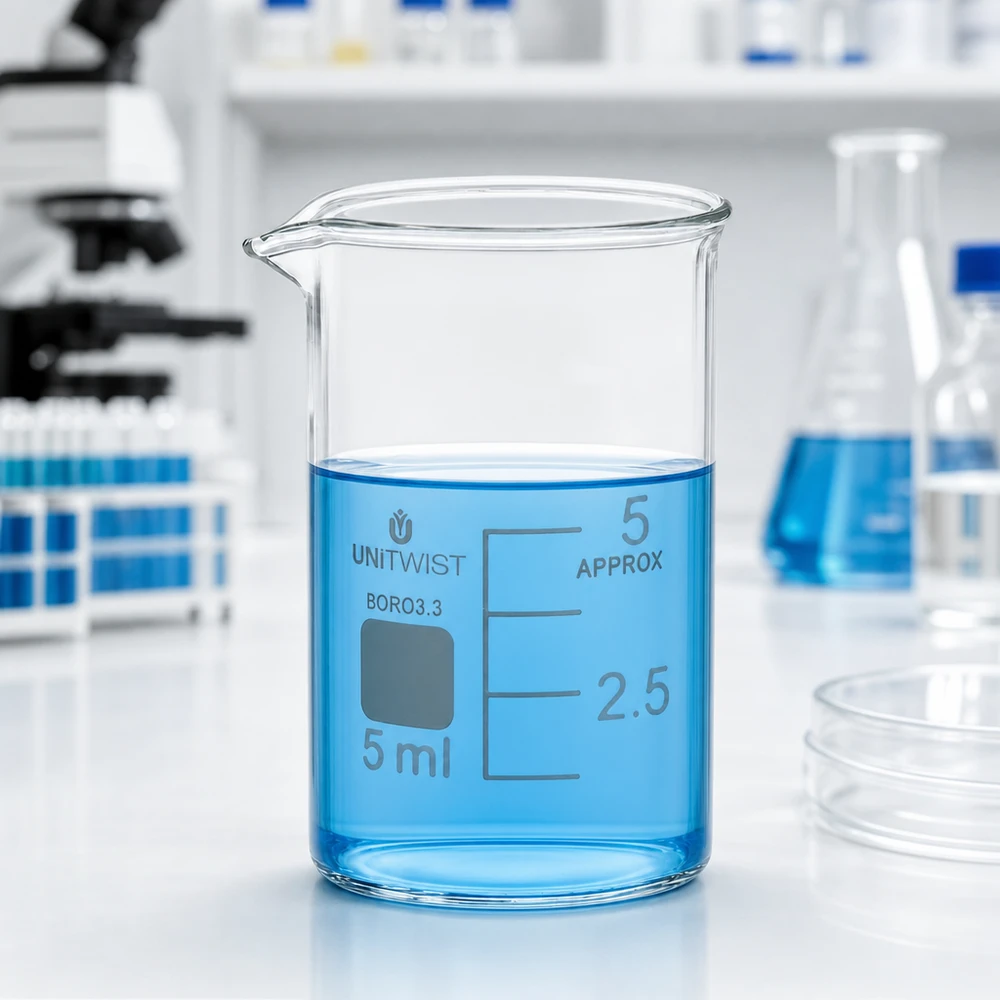 Szklanka UNiTWIST o pojemności 5 ml, wykonana z borokrzemianu, o niskim profilu, z niebieskim płynem w laboratorium