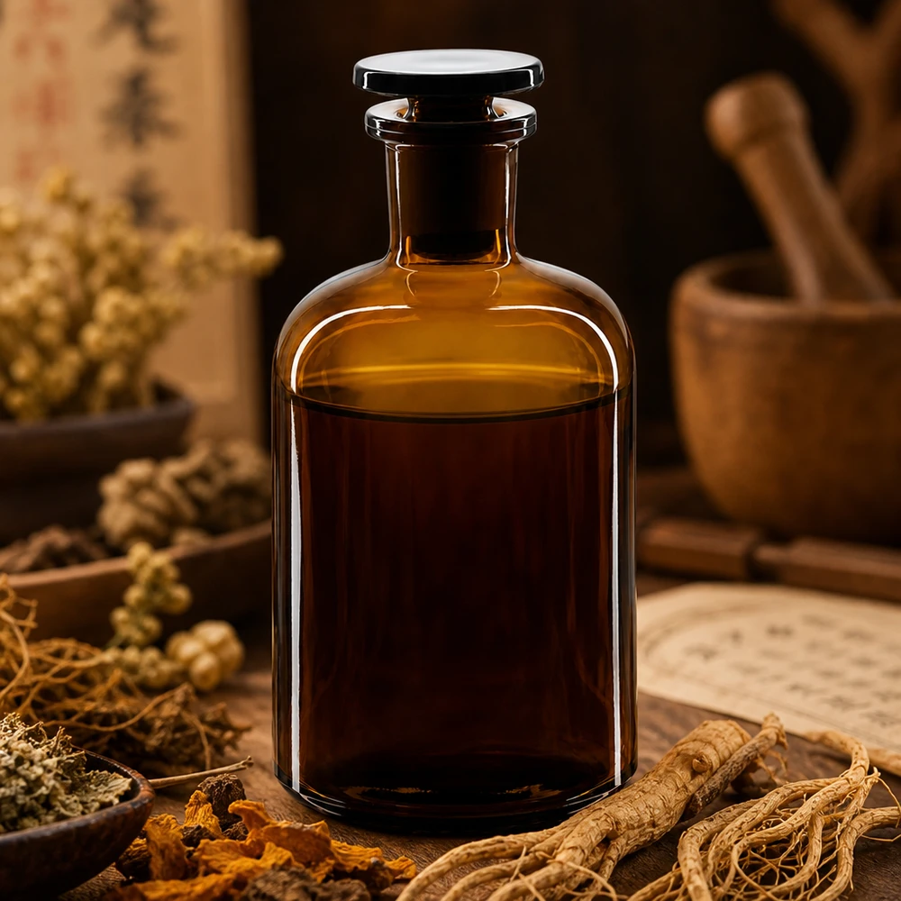Butelka z zaokrąglonymi ramionami, 250 ml, brązowa, z wąską szyjką i szklanym korkiem, przeznaczona do tradycyjnych ziół leczniczych