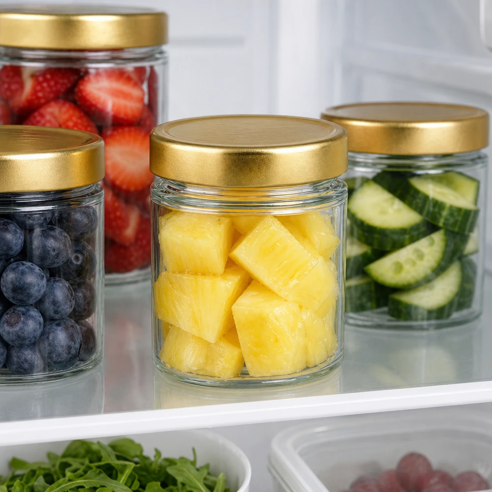 154 ml okrągłe szkło z pokrywką BasicSeal złota deep UN.. 154ml Rundglas BasicSeal gold im Kühlschrank mit Obst Ananas Beeren Gurken frische Lebensmittel Meal Prep Aufbewahrung