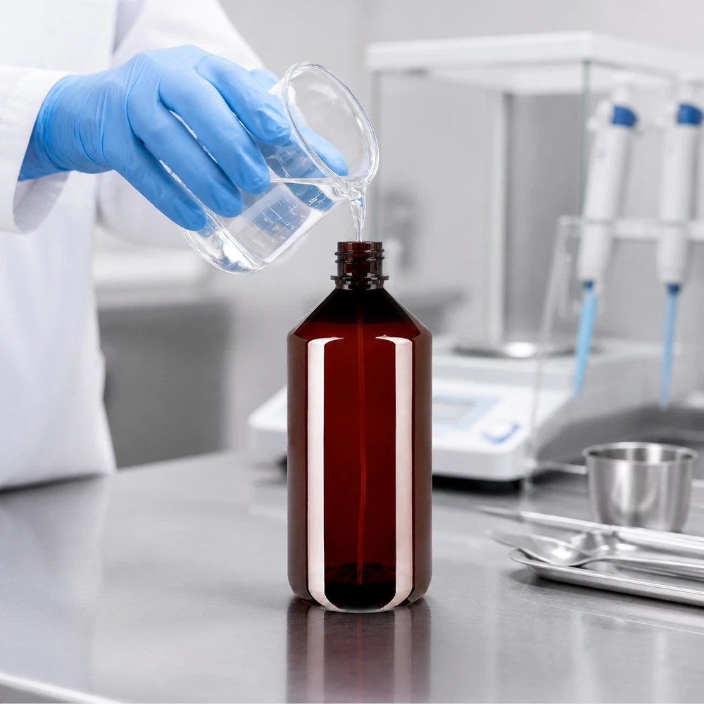 Laborant napełnia brązową butelkę PET o pojemności 1000 ml przezroczystym płynem, mając na rękach rękawiczki ochronne