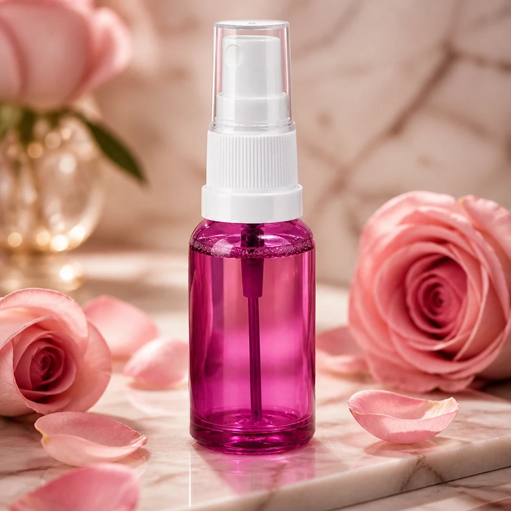 Butelka z rozpylaczem 20 ml biała/przezroczysta Standard PurpleLine UT18/20 Mała butelka z rozpylaczem o pojemności 20 ml w kolorze fioletowym z białym atomizerem do użytku w podróży