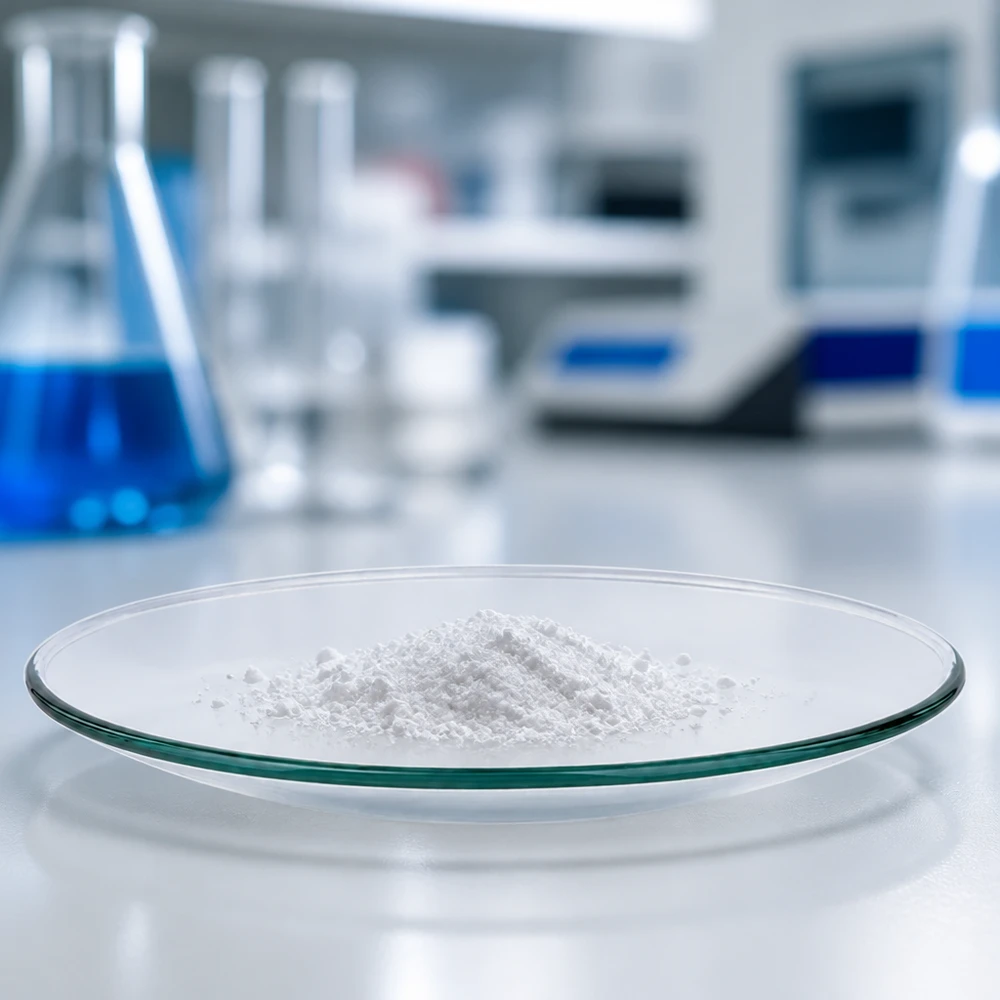 Szklane naczynie o średnicy 100 mm wypełnione białym proszkiem w sterylnym środowisku laboratoryjnym