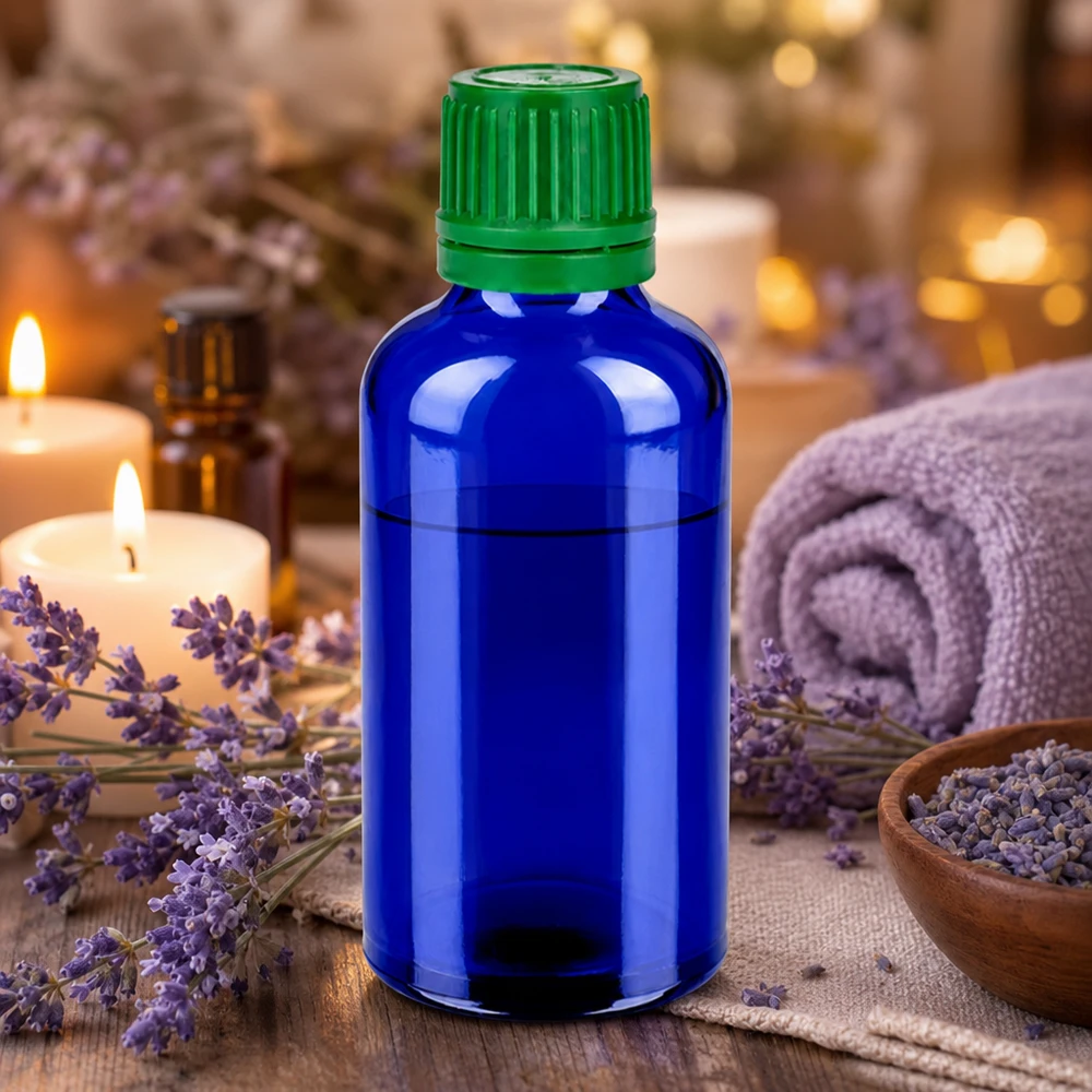 Wysokiej jakości szklana butelka o pojemności 50 ml w eleganckim niebieskim kolorze z praktyczną zieloną nakrętką do aromaterapii