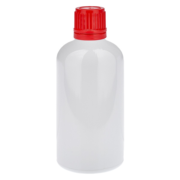 Butelka 100 ml, zakrętka 11 mm, czerwona, zabezpieczająca przed otwarciem przez dzieci WhiteLine UT18/100 Butelka 100 ml, zakrętka 11 mm, czerwona, zabezpieczająca przed otwarciem przez dzieci WhiteLine UT18/100