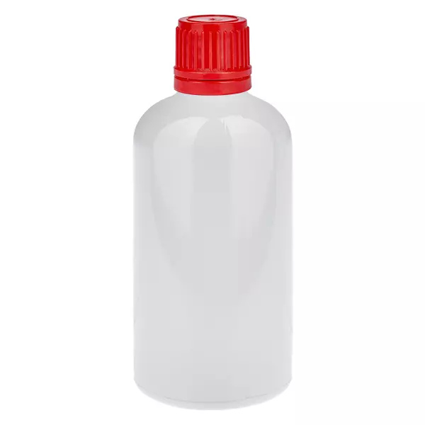 Butelka 100 ml, zakrętka 11 mm, czerwona, zabezpieczająca przed otwarciem przez dzieci WhiteLine UT18/100 Butelka 100 ml, zakrętka 11 mm, czerwona, zabezpieczająca przed otwarciem przez dzieci WhiteLine UT18/100