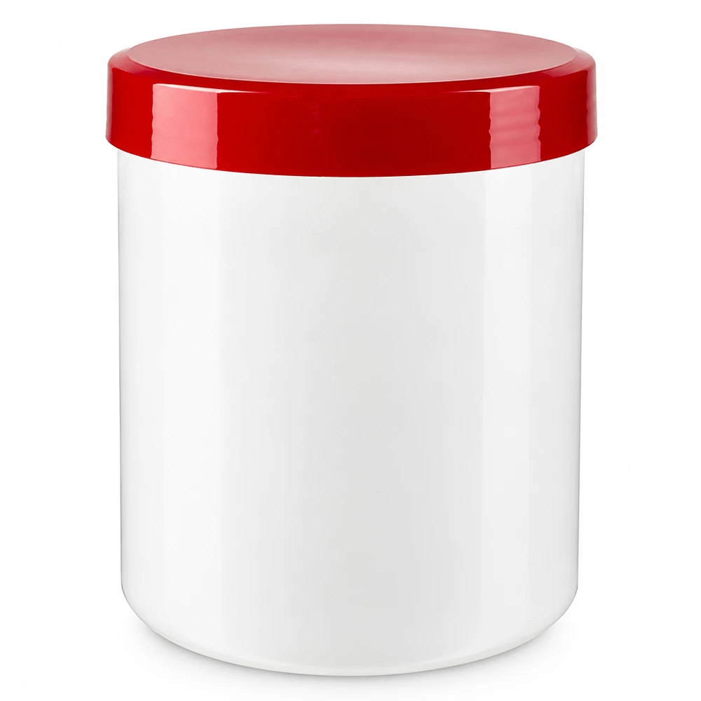 Słoik na maść 200g biały z czerwoną zakrętką (PP) Słoik na maść 200 g, biały, z czerwoną zakrętką z tworzywa PP