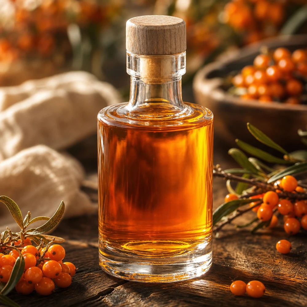 100 ml szklana butelka Marie z drewnianym korkiem wypełniona bursztynowym płynem ozdobionym naturalnymi jagodami rokitnika.
