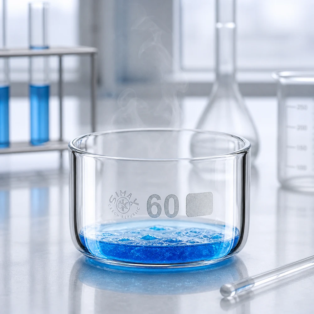 Miska krystalizacyjna Simax o pojemności 60 ml z niebieskim płynem i unoszącą się parą w laboratorium