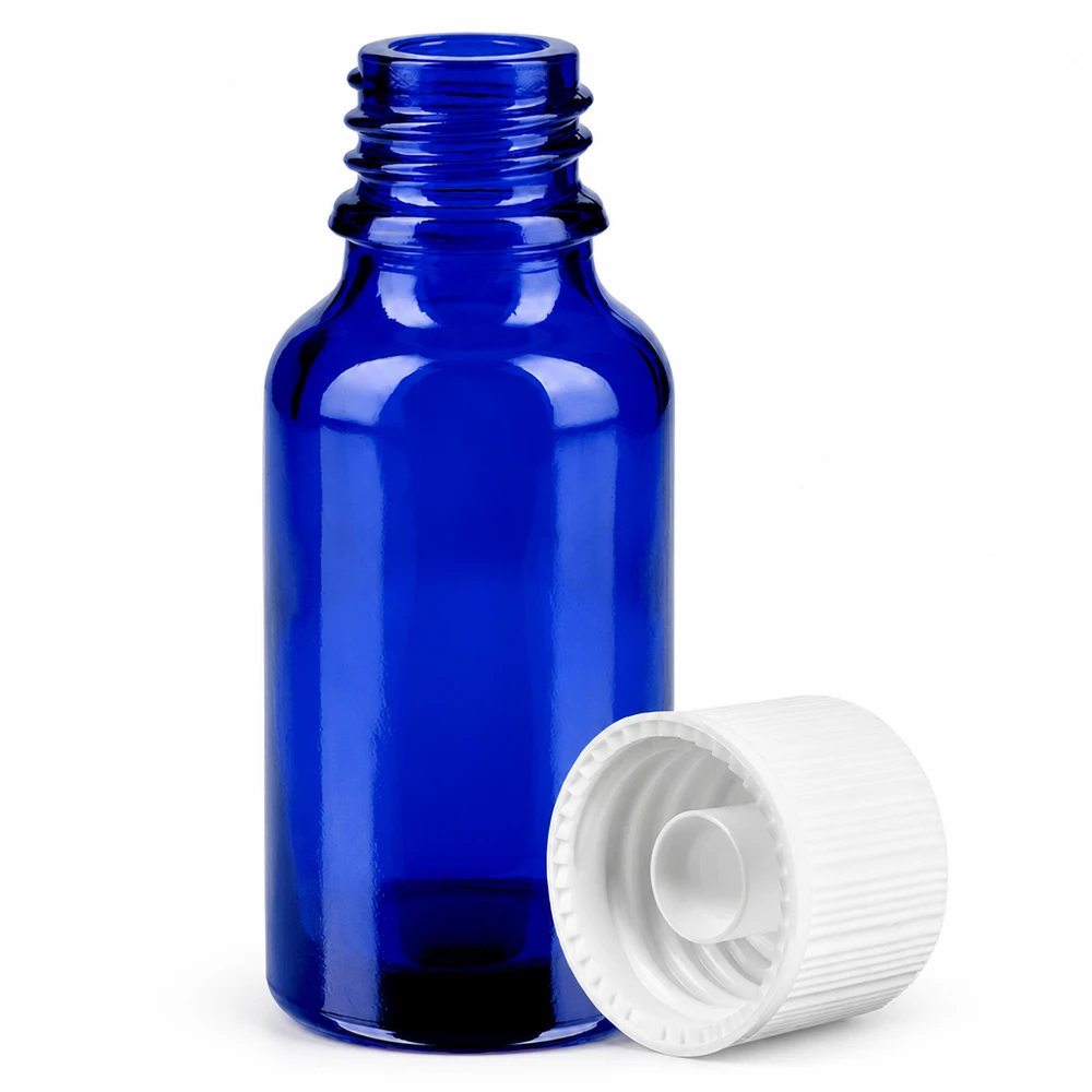 Butelka 20 ml 11 mm SV biała STD BlueLine UT18/20 Niebieska butelka farmaceutyczna 20 ml z gwintem i białą zakrętką do kropli i nalewek