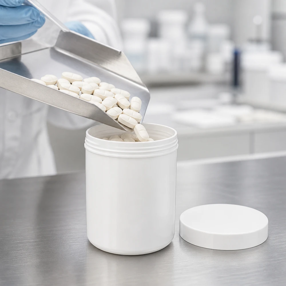 Słoik na maść 50g biały z białą zakrętką (PP) Napełnianie tabletek do białego słoika na maści z PP o pojemności 50 g z zakrętką w produkcji farmaceutycznej