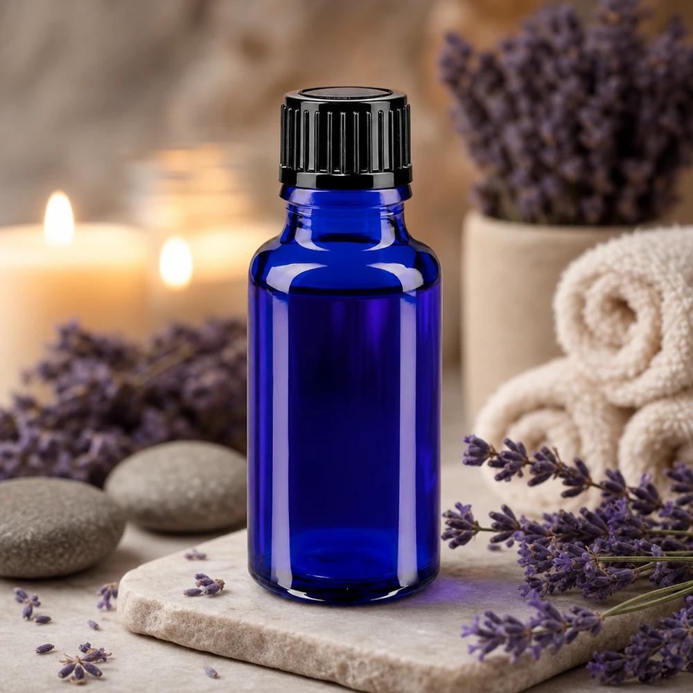 Szklana buteleczka o pojemności 20 ml w kolorze kobaltowym z czarnym zakraplaczem, stojąca na kamieniu naturalnym z kwiatami lawendy