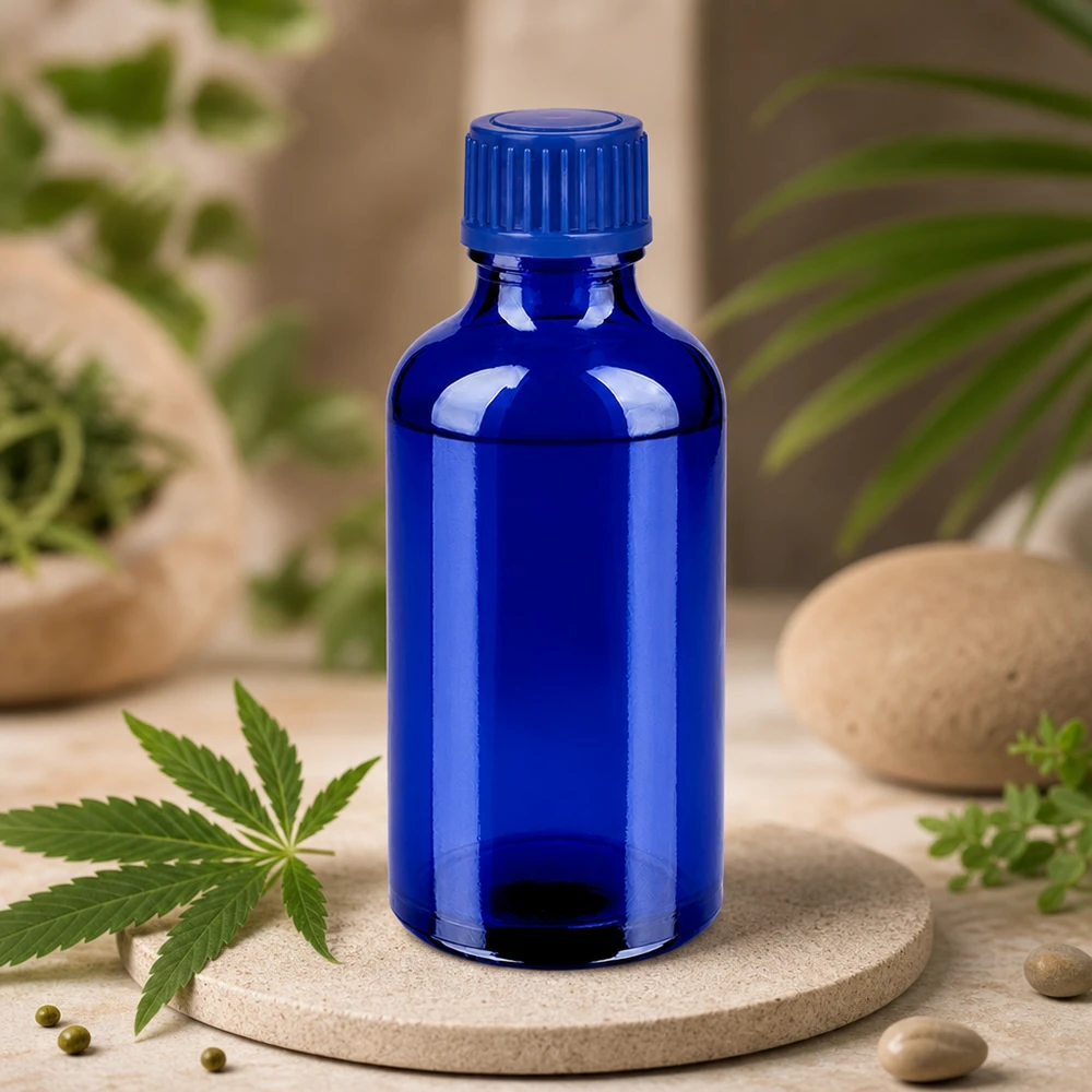 50 ml szklana butelka BlueLine UT18/50 z rowkowaną zakrętką zapewniającą optymalny chwyt i zamknięcie